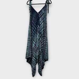 Leina Designs Hawaii Blue Batik Rayon Harem Jumpsuit Romper L XL Beach Hippie